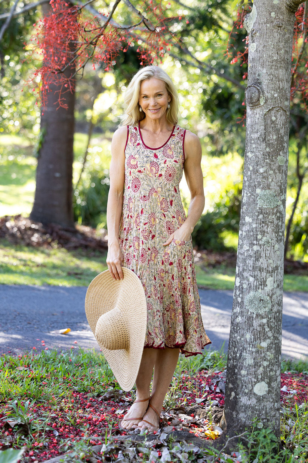 Womens, midi, Flamenco Dress, sleeveless, 100% Cotton, hand block print. Sepia floral - Radha.