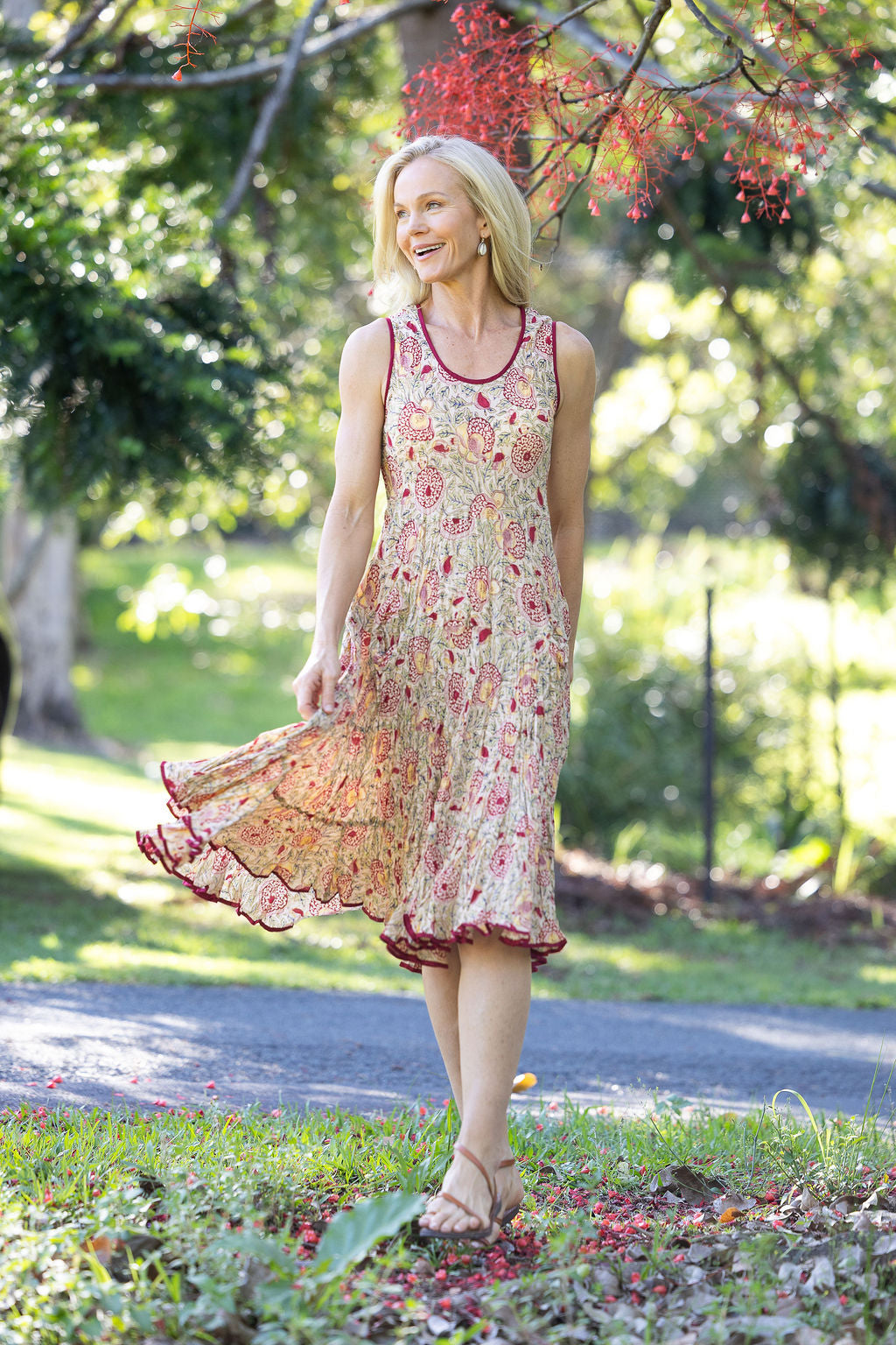 Womens, midi, Flamenco Dress, sleeveless, 100% Cotton, hand block print. Sepia floral - Radha.