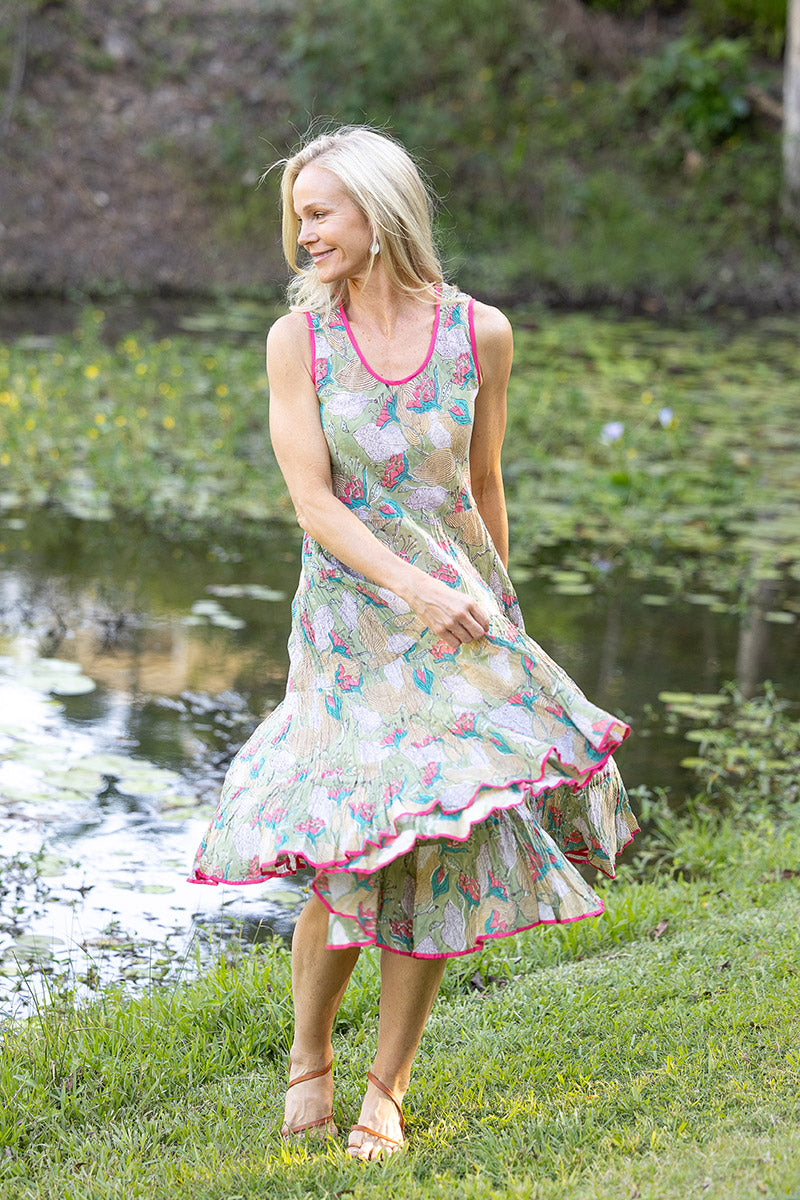 Womens, midi, Flamenco Dress, sleeveless, 100% Cotton, hand block print. Leafy Green & Pink - Raya