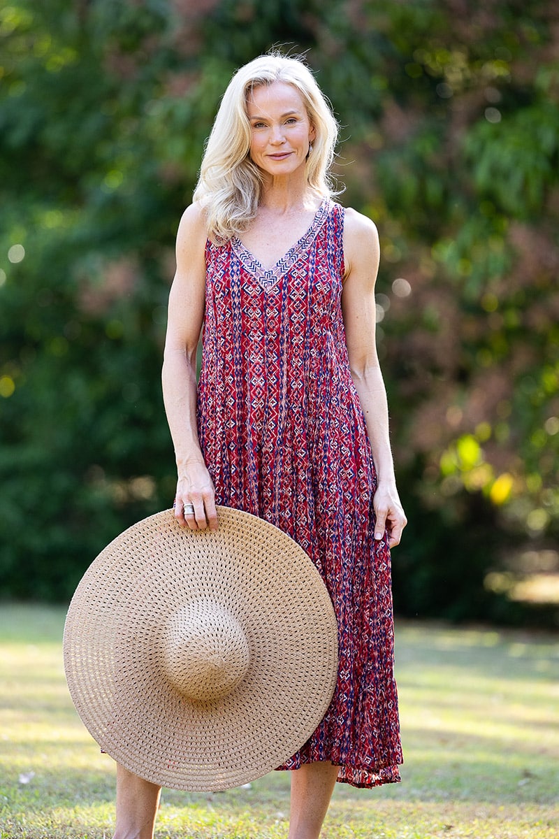 Womens, midi, Mevlana Dress, sleeveless, 100% Cotton, hand block print. Aztec Red - Tavira