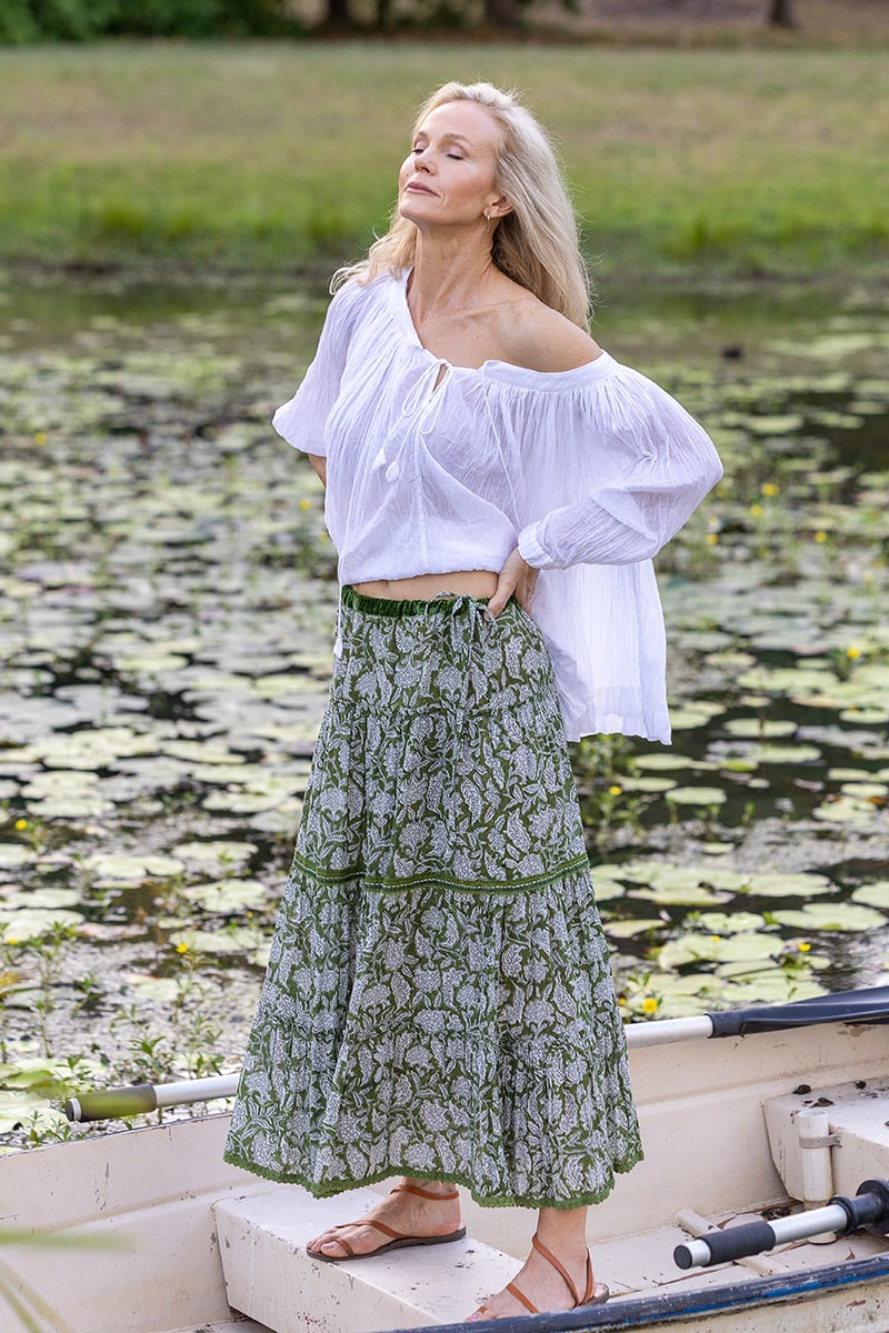 Womens, Ainsley Skirt. 100% cotton, hand block print. Green Floral - Elowen - Heirloom Collection. Dove Blouse - White