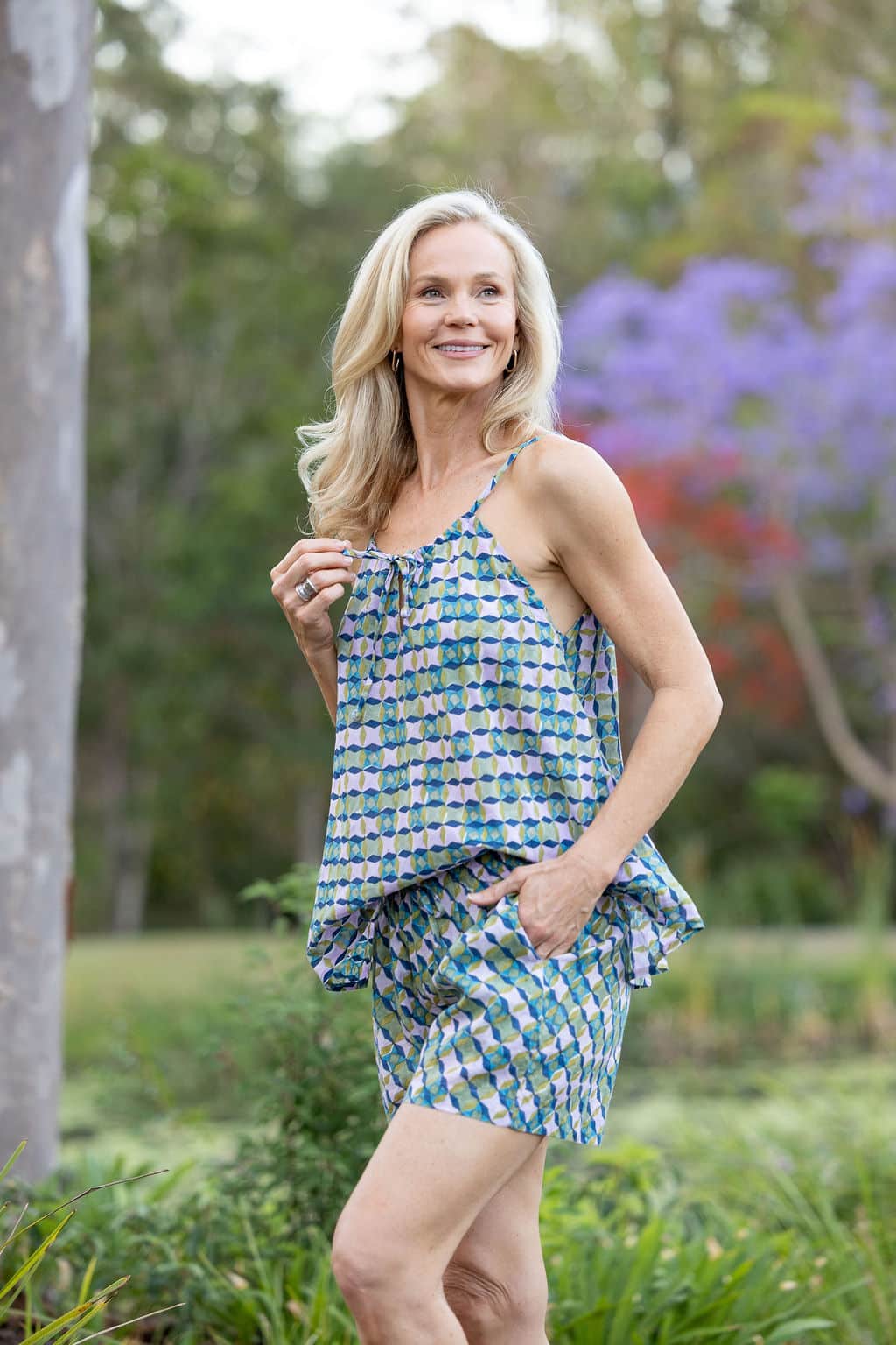 Womens,Luma Set, Shorts and Top. 100% cotton, hand block print. In Soft geometry - Liora print.