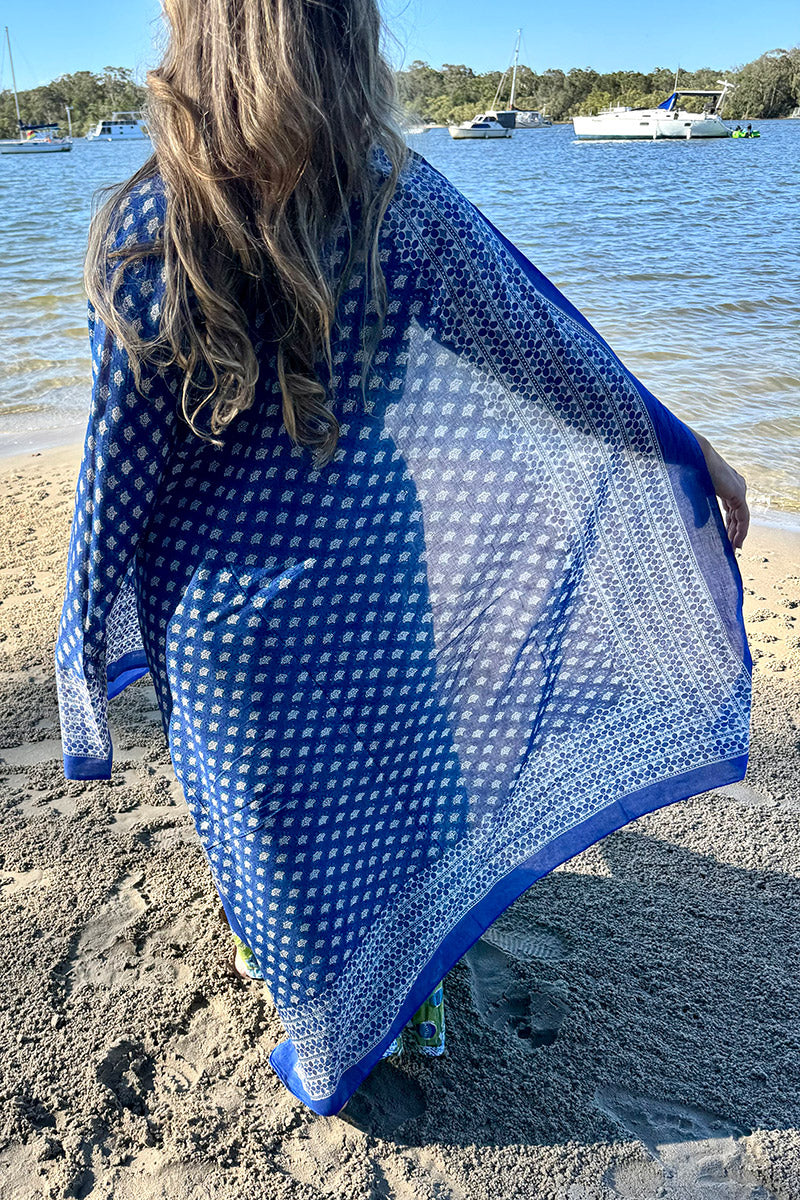 Sarong, 100% Cotton, hand block print. Vibrant blue - Bluebell