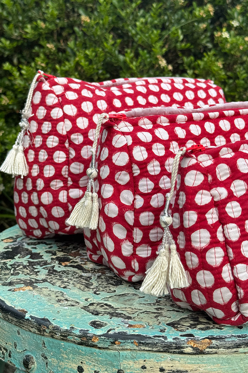 Wash Bags, accessories, Hand block prints, plastic lined with inside pockets. Small, Medium and Large. Ruby Dot