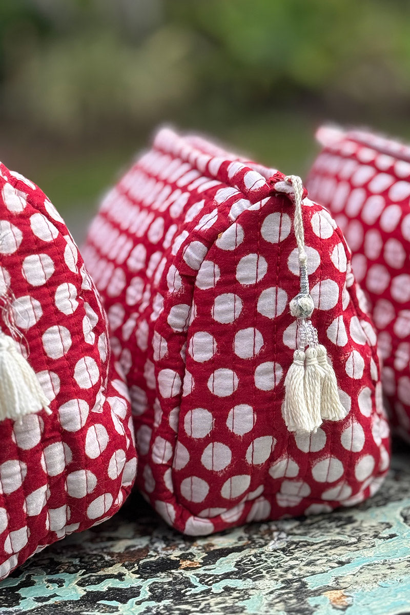 Wash Bags, accessories, Hand block prints, plastic lined with inside pockets. Small, Medium and Large. Ruby Dot