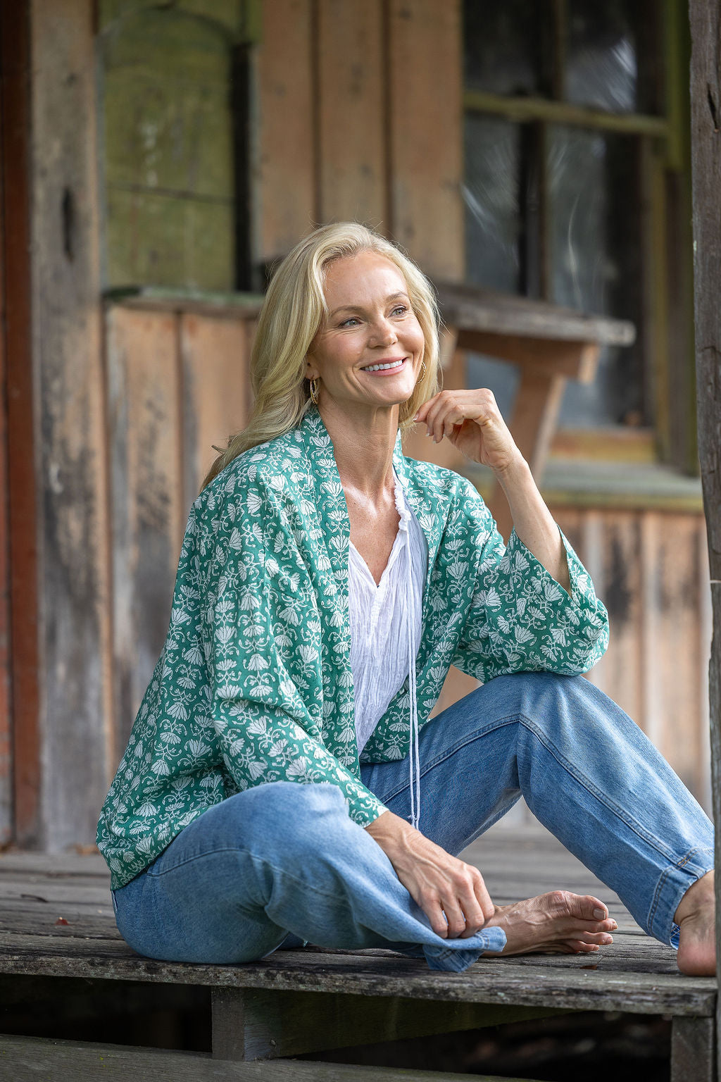 Womens, Lotus Jacket, full sleeve, 100% cotton, hand block print. In a Green Lotus print - Jade