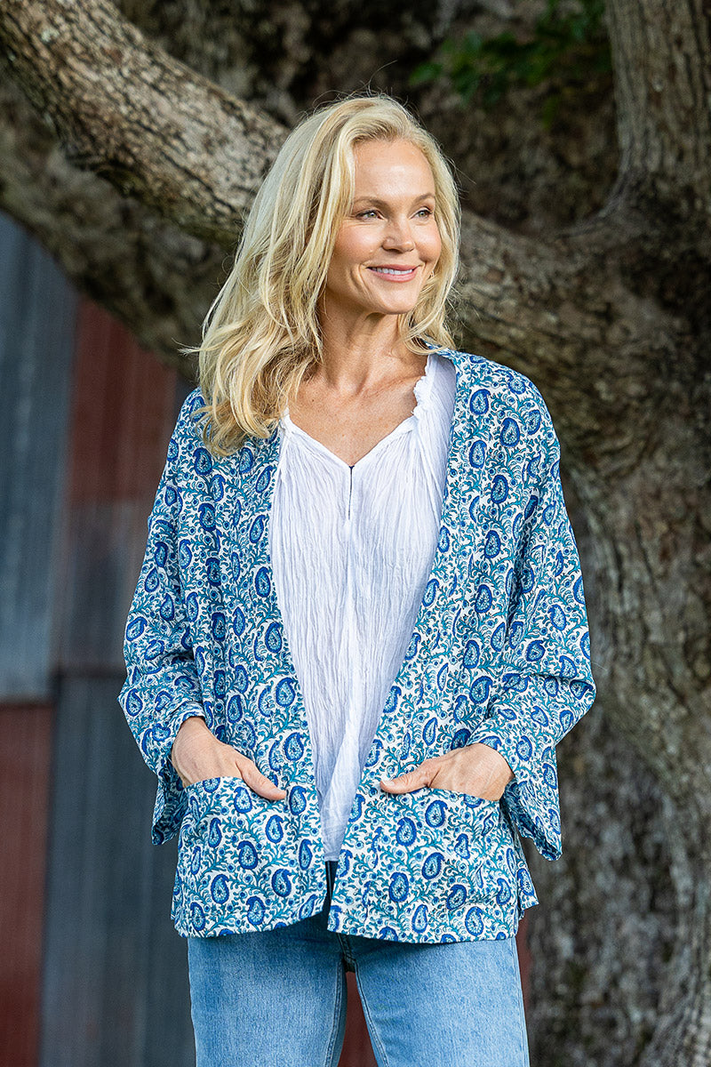 Womens, Lotus Jacket, full sleeve, 100% cotton, hand block print. Paisley print - Blue Henna