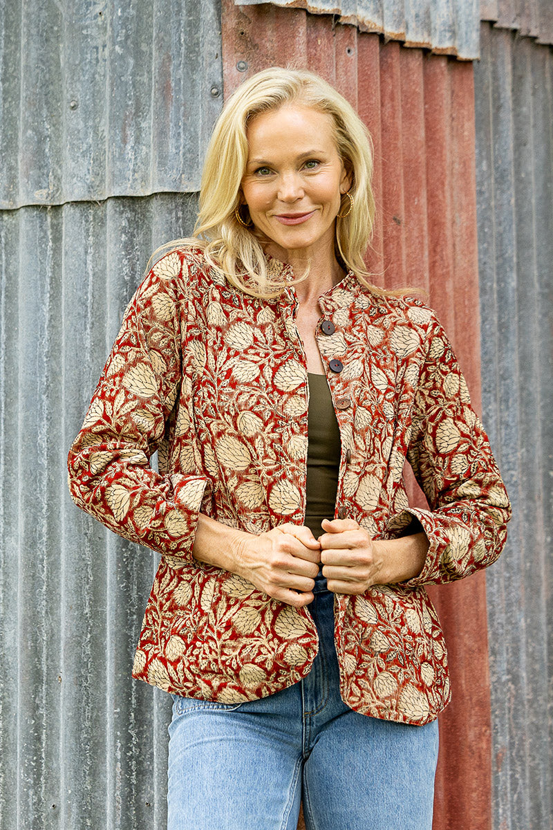 Womens, Tilbra Jacket, long sleeve, 100% cotton corduroy, hand block print. In natural Rustic Red Jivana print.