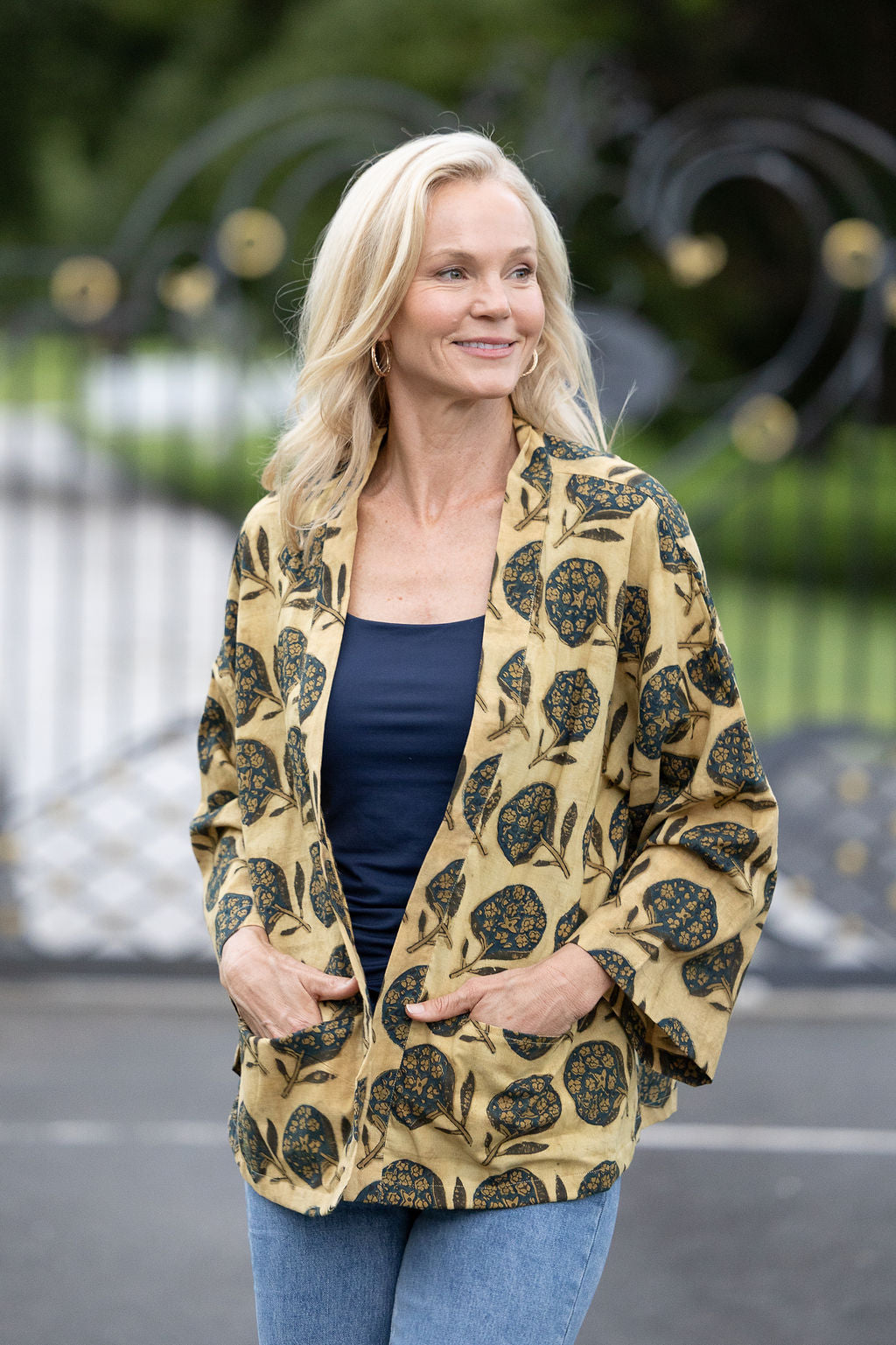 Womens, Lotus Jacket, full sleeve, 100% cotton, hand block print. Natural dye, figs on sepia - Harvest.