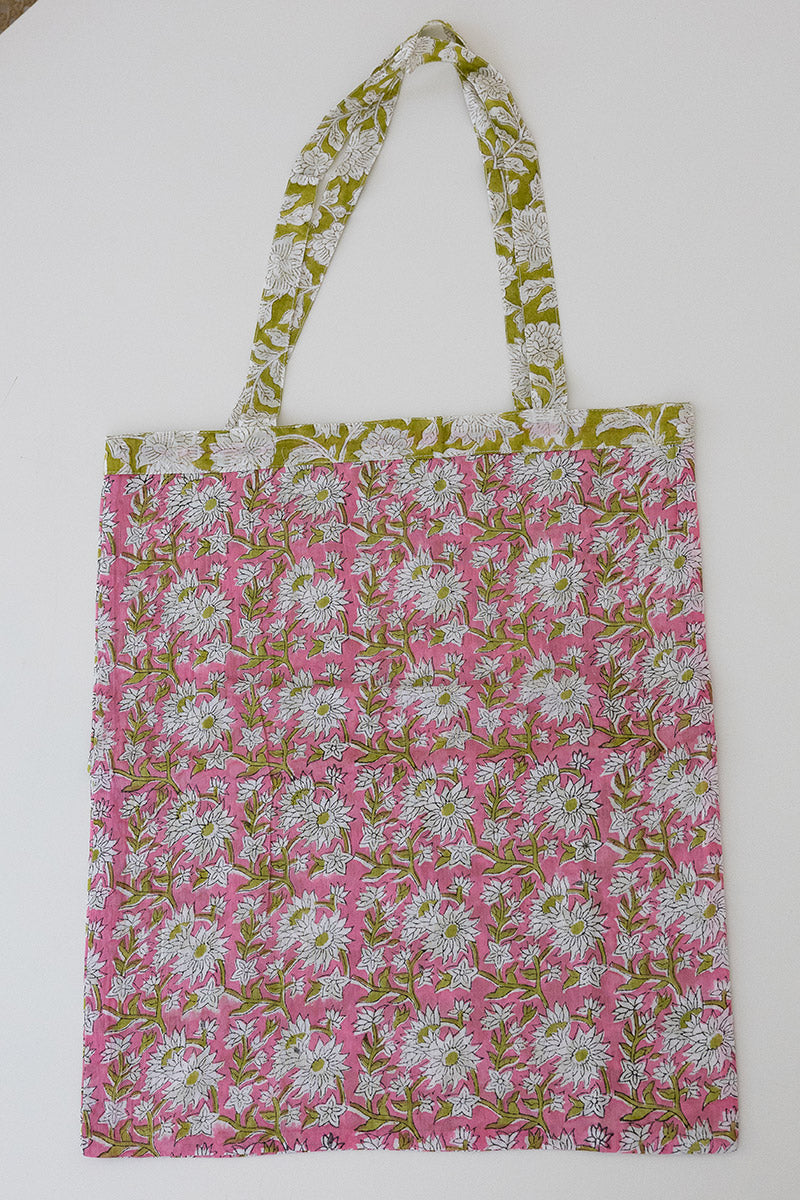 Reversible Bag, Two-Way Tote, 100% cotton, hand block print. In neon Pink & Green floral print - Wild Citron