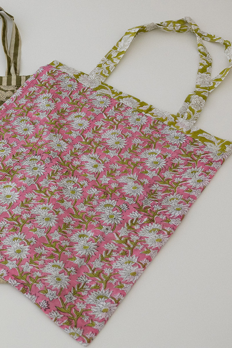 Reversible Bag, Two-Way Tote, 100% cotton, hand block print. In neon Pink & Green floral print - Wild Citron