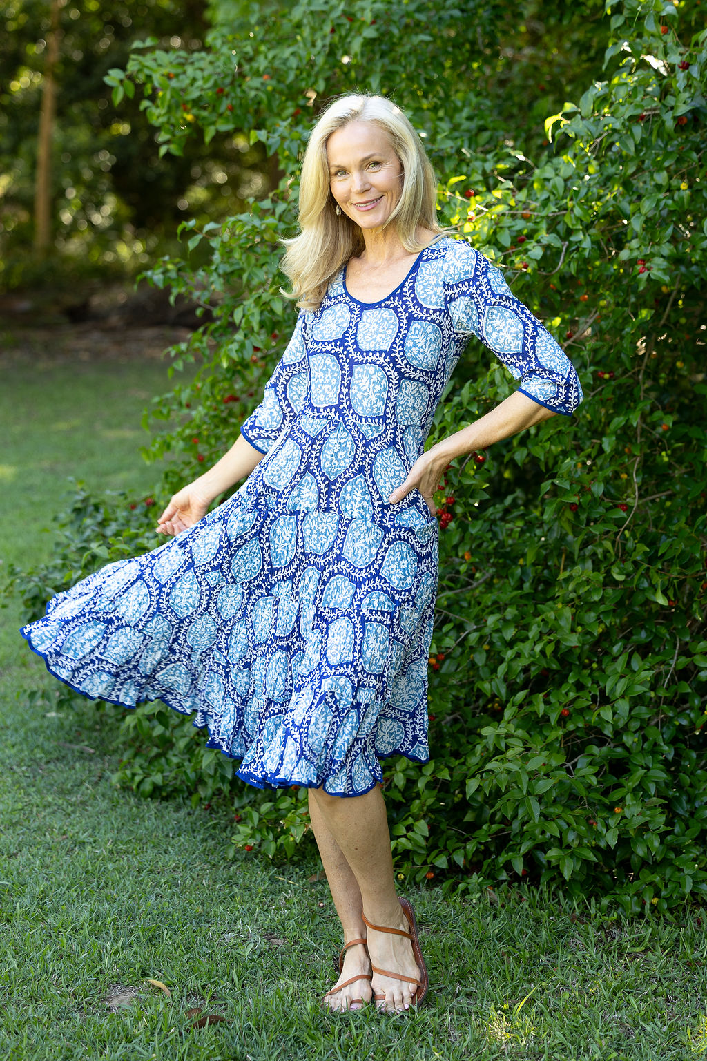 Womens, midi, Flamenco Dress with sleeves, 100% Cotton, hand block print. Tones of blue, Topaz.