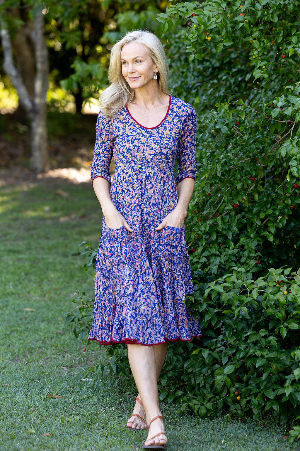 Womens, midi, Flamenco Dress with sleeves, 100% Cotton, hand block print. Fine florals on Royal Blue - Demi