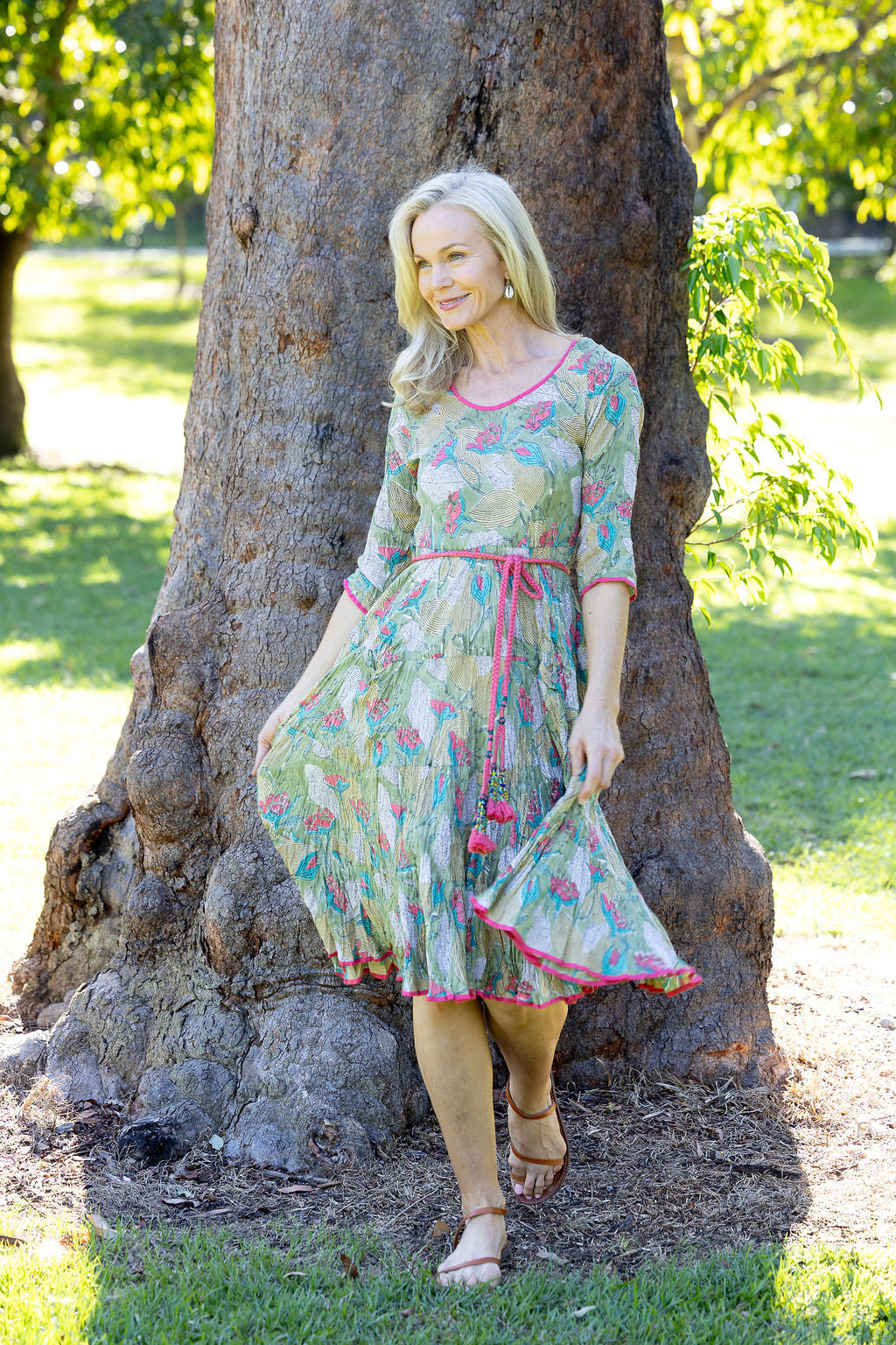 Womens, midi, Flamenco Dress with sleeves, 100% Cotton, hand block print. Leafy Green & Pink - Raya