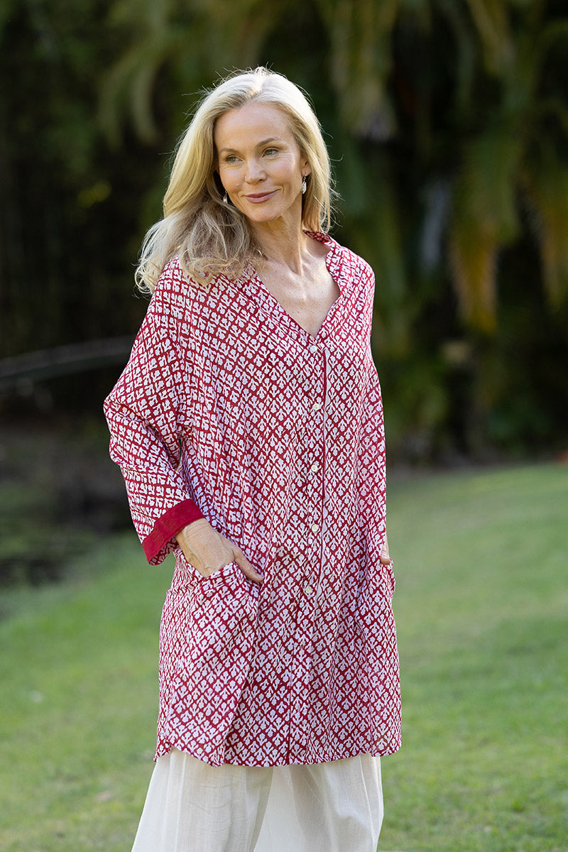 Womens, Leela tunic blouse, with sleeves, 100% cotton, hand block print. In vibrant cool red - Ruby