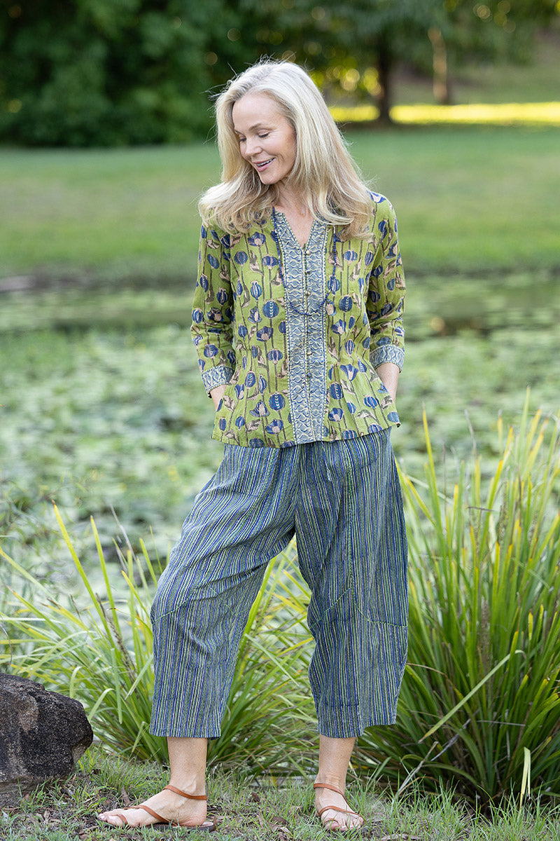 Womens Pants & Top, 100% Cotton, Hand Block Print, Summer. Sol Pants in Blue | Green - Viridis & Mandalay blouse in Sepia & Green, Verde Sol