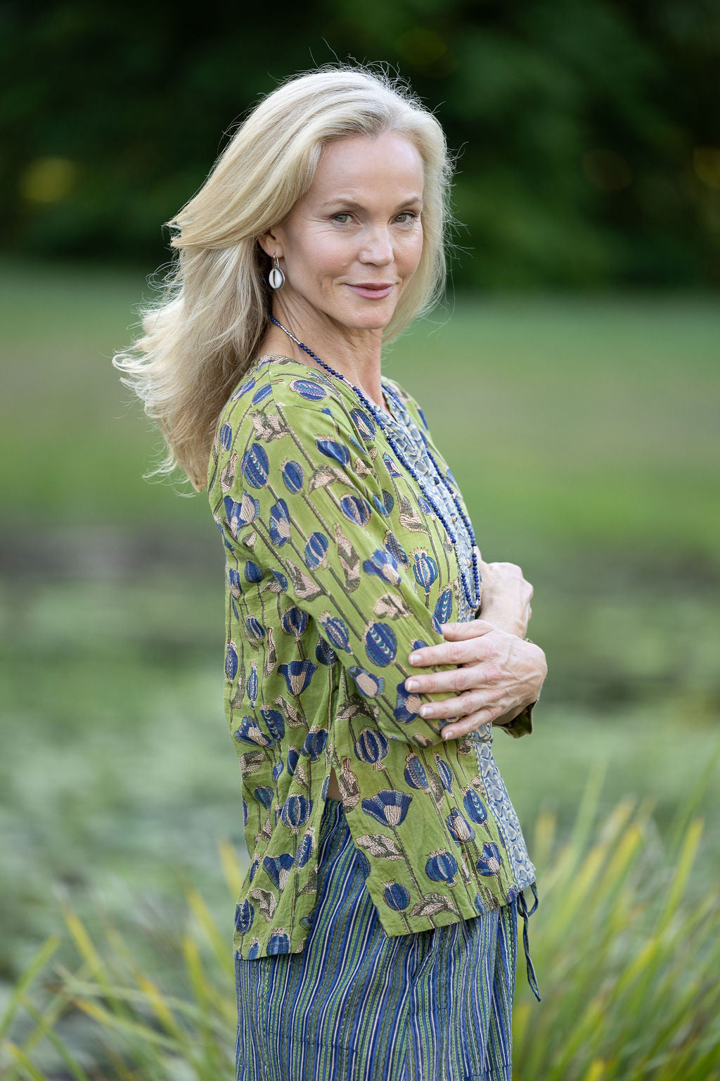 Womens, Mandalay blouse, 7/8 sleeve, 100% cotton, hand block print, in Sepia & Green, Verde Sol