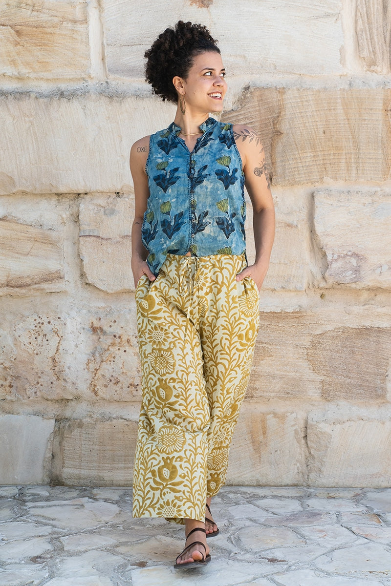 Womens, Tagai blouse, sleeveless, & Florentis Culottes, 100% cotton, hand block print, in natural Naspal Tulip & golden Soleia