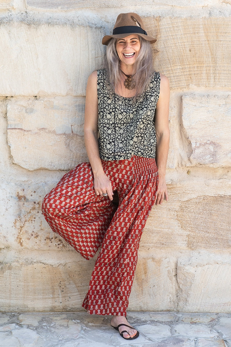 Womens, Apanna Pants, 100% cotton, hand block prints, in natural Natural Red - Henna Floret