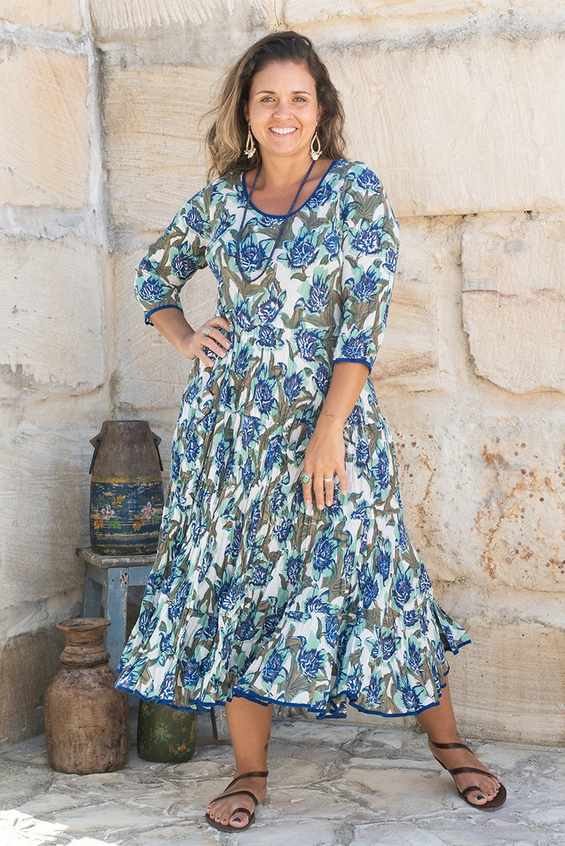 Womens, midi, Flamenco Dress, 100% Cotton, hand block print. Blue Green - Alora