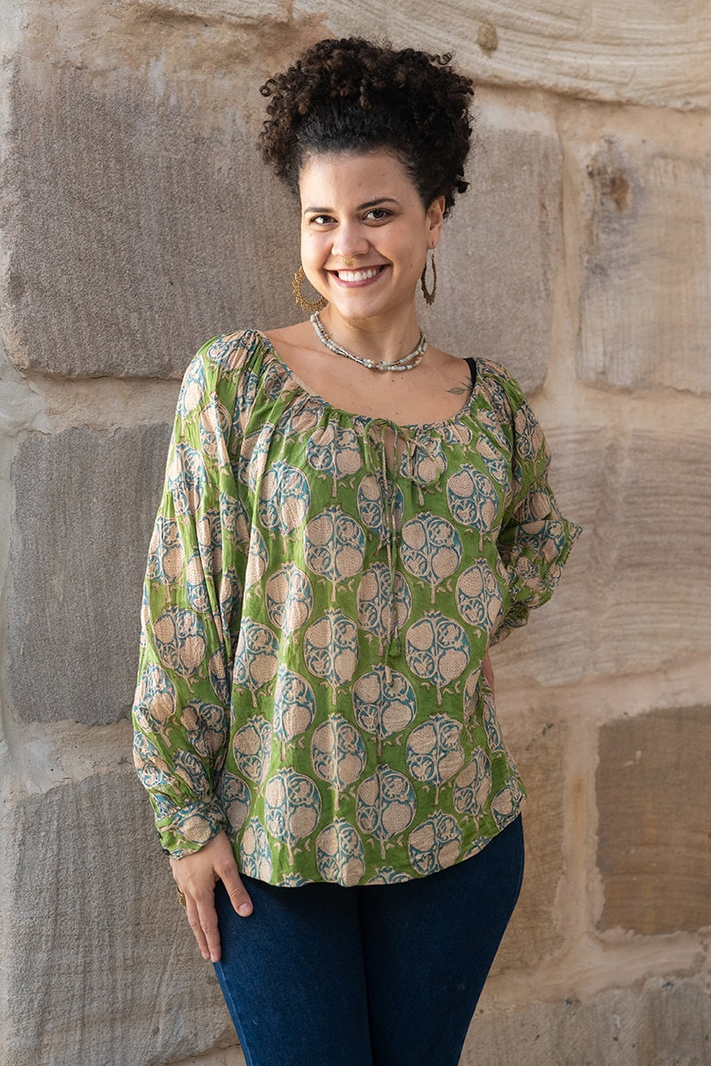Womens, Senera blouse, long sleeve, 100% cotton, hand block print. In green & blue Edentree print.