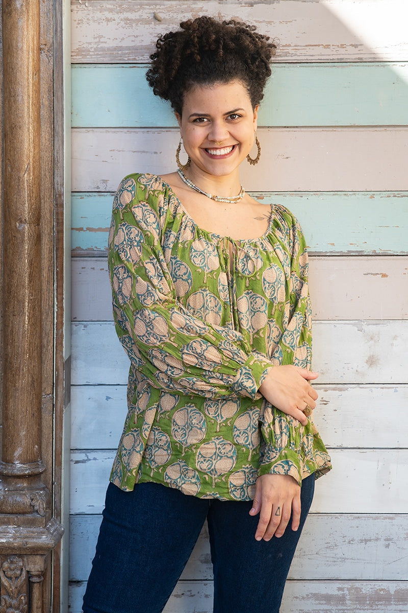 Womens, Senera blouse, long sleeve, 100% cotton, hand block print. In green & blue Edentree print.
