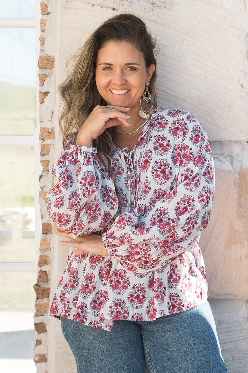 Womens, Indira blouse, long sleeve, 100% cotton, hand block print. In pink floral Parisa print.