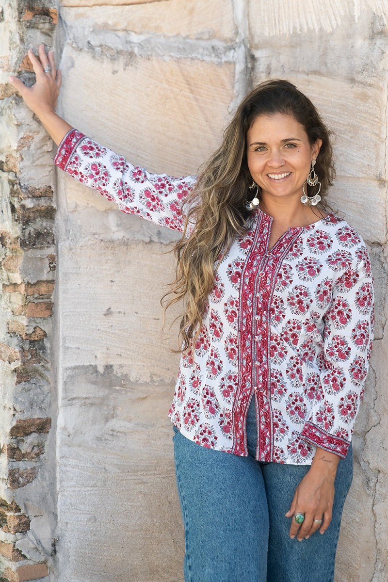 Womens, Mandalay blouse, 7/8 sleeve, 100% cotton, hand block print. In shades of pink and grey. Parisa