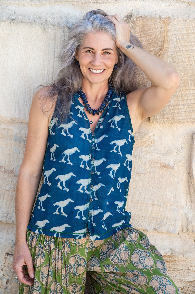 Womens, Tagai blouse, sleeveless, hand stitched seams, edges and hems, in natural Indigo Crow print