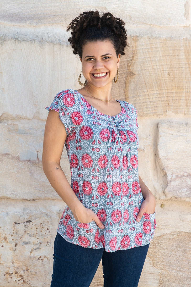 Womens, Sundra blouse, cap sleeves, 100% cotton, hand block print. In watermelon pink & grey - Floria
