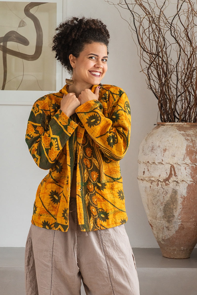 Womens Vintage Intrepid Kantha Jacket handmade from 100% cotton recycled fabrics in vibrant yellow Kiran