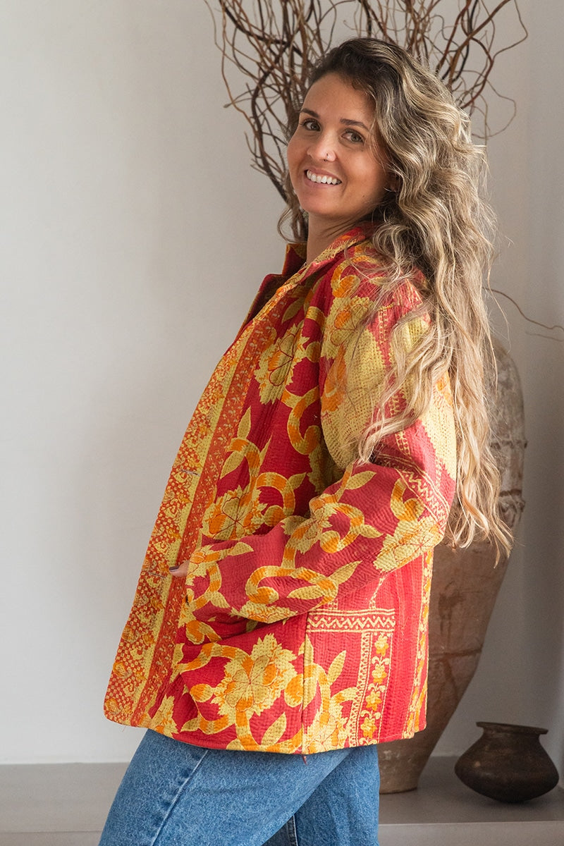 Womens Vintage Intrepid Kantha Jacket handmade from 100% cotton recycled fabrics in red & orange Zest