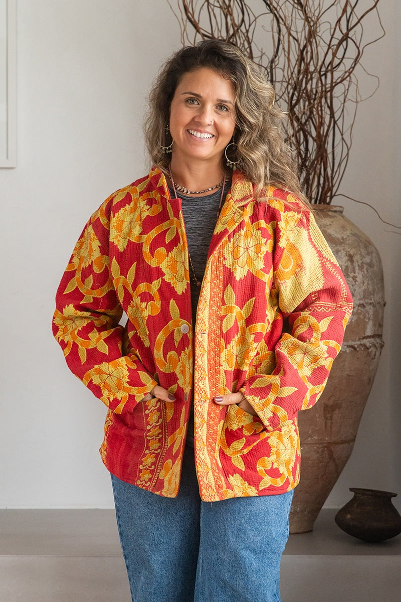 Womens Vintage Intrepid Kantha Jacket handmade from 100% cotton recycled fabrics in red & orange Zest