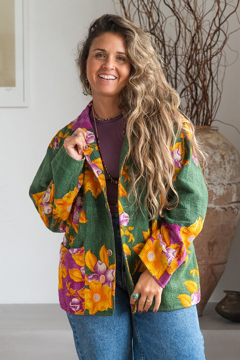 Womens Vintage Intrepid Kantha Jacket handmade from 100% cotton recycled fabrics in green floral Aria
