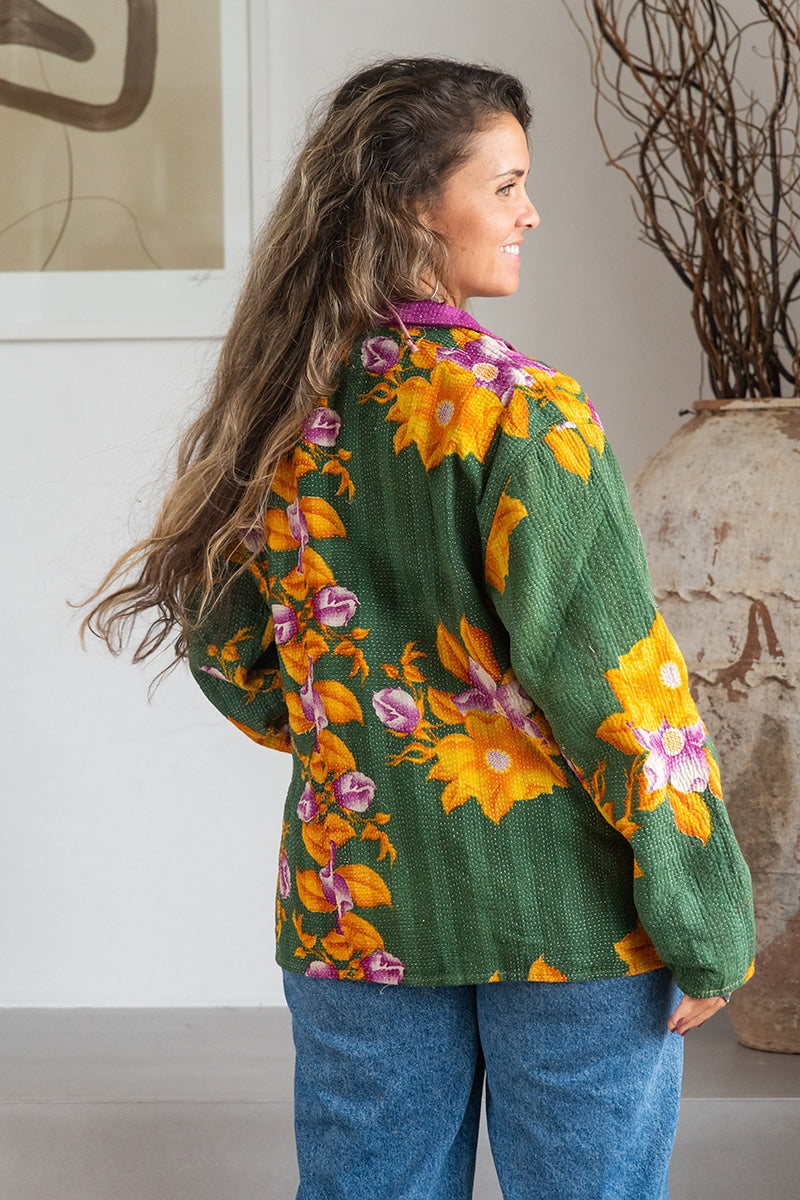 Womens Vintage Intrepid Kantha Jacket handmade from 100% cotton recycled fabrics in green floral Aria