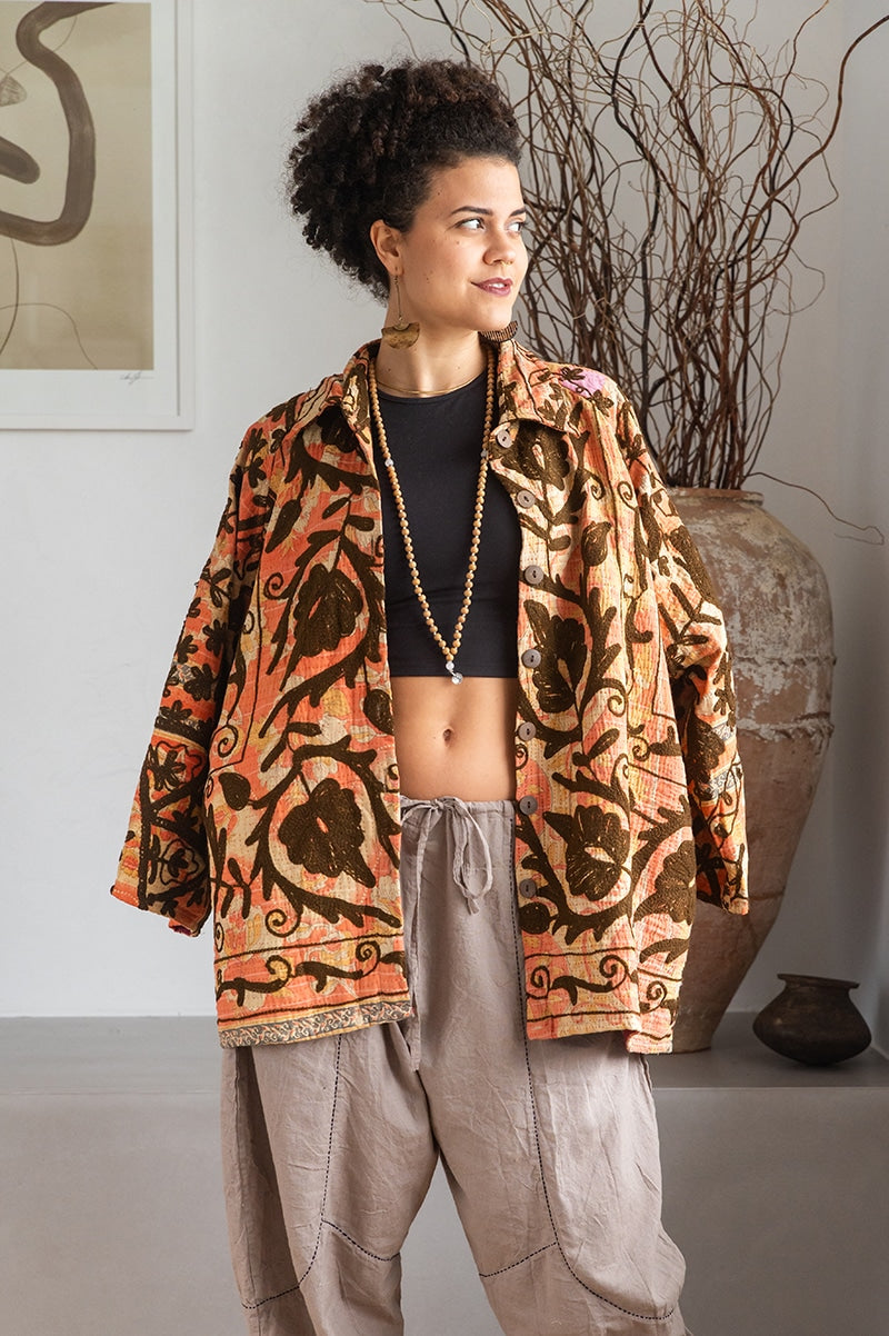 Womens Kumud Kantha Jacket, with traditional Suzani embroidery, handmade from recycled Vintage Kantha’s. Pecan