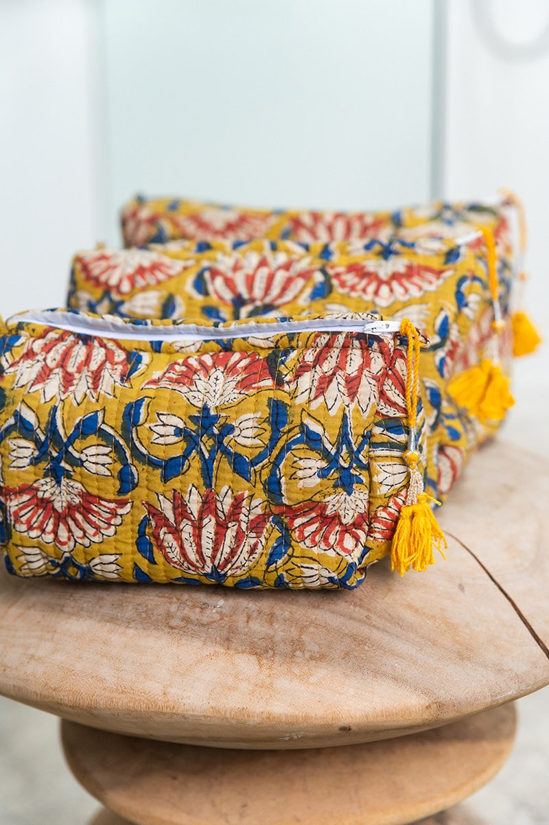 Wash Bags, accessories, Hand block prints, plastic lined with inside pockets. Small, Medium and Large. Amber Bloom