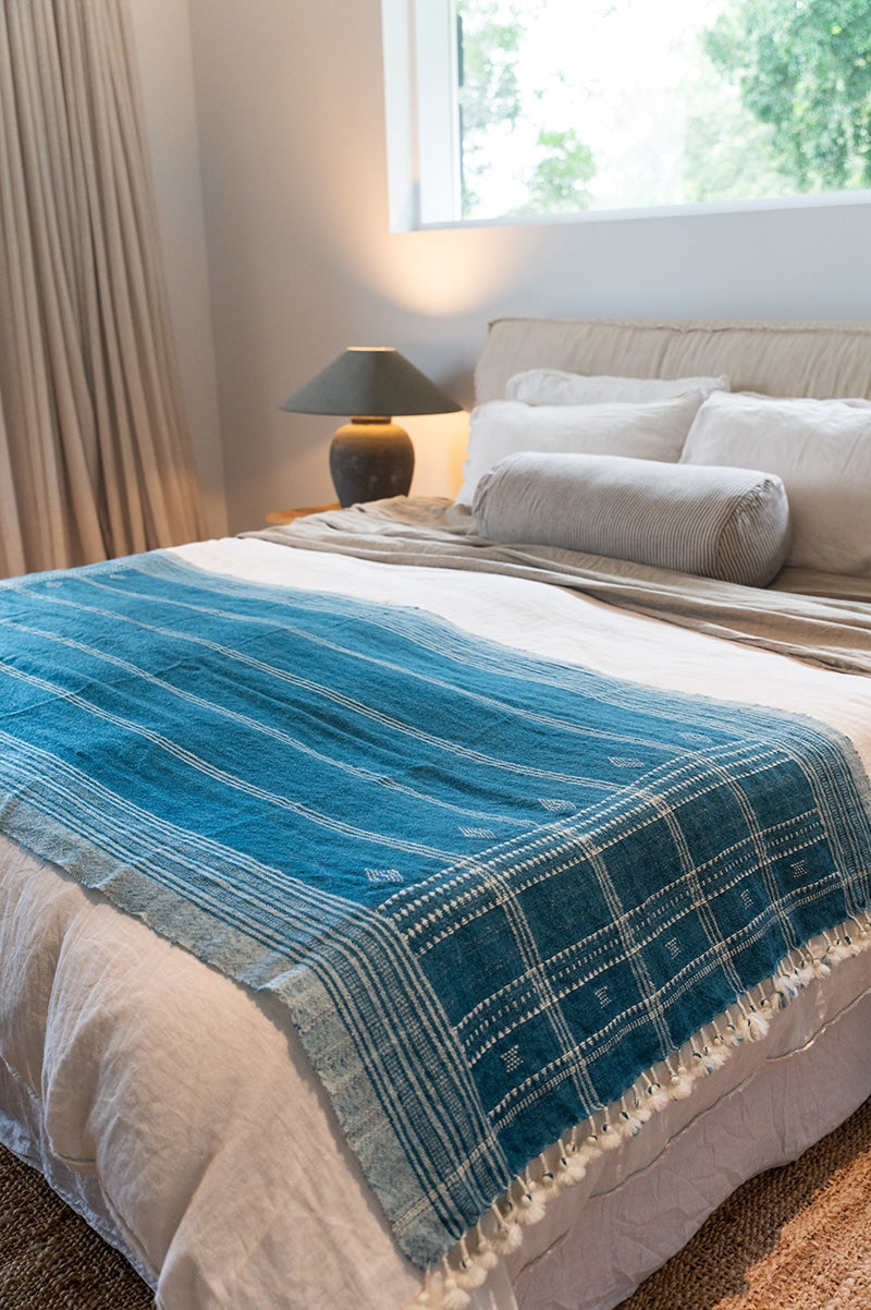 Raw Wool Throw, 100% pure wool, hand loomed. Use as a throw, shawl, mediation wrap or bed blanket. Sapphire blue