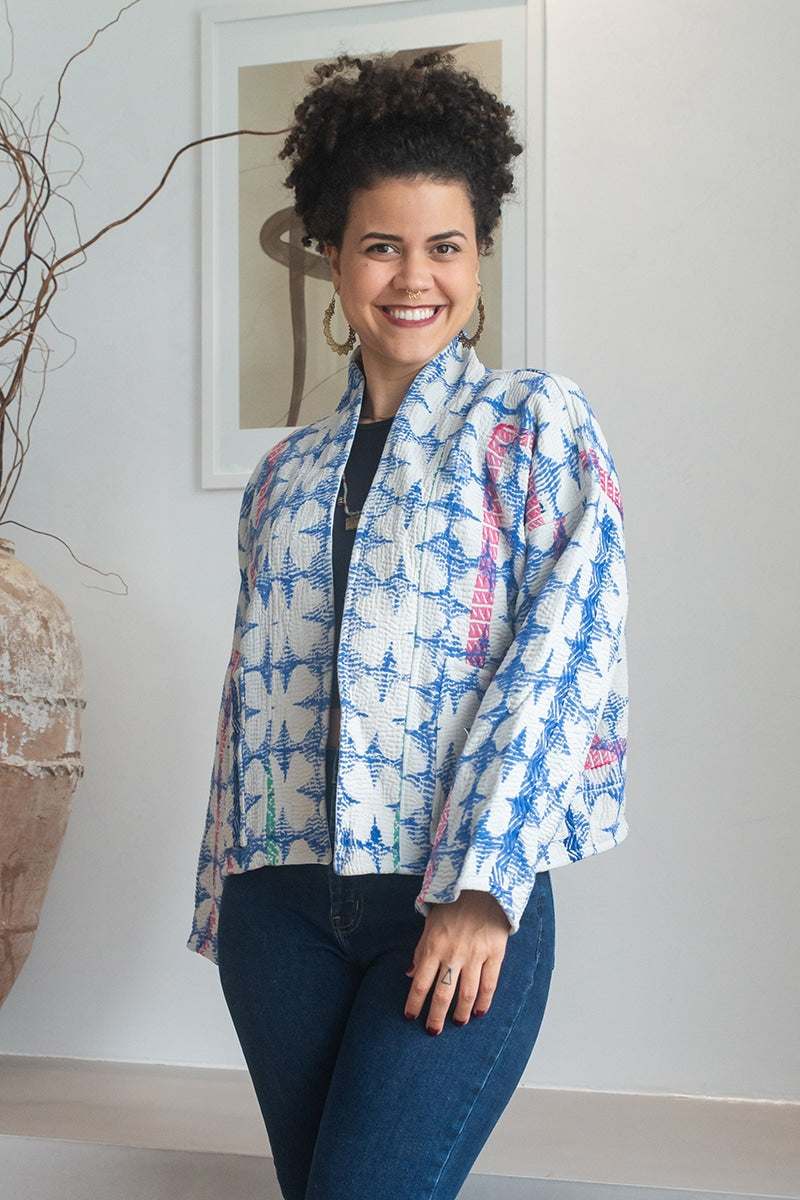 Womens Vintage Nomad Kantha Jacket, Indigo Aura, handmade from 100% cotton recycled fabrics over dyed in Indigo hand-block-prints. Rene