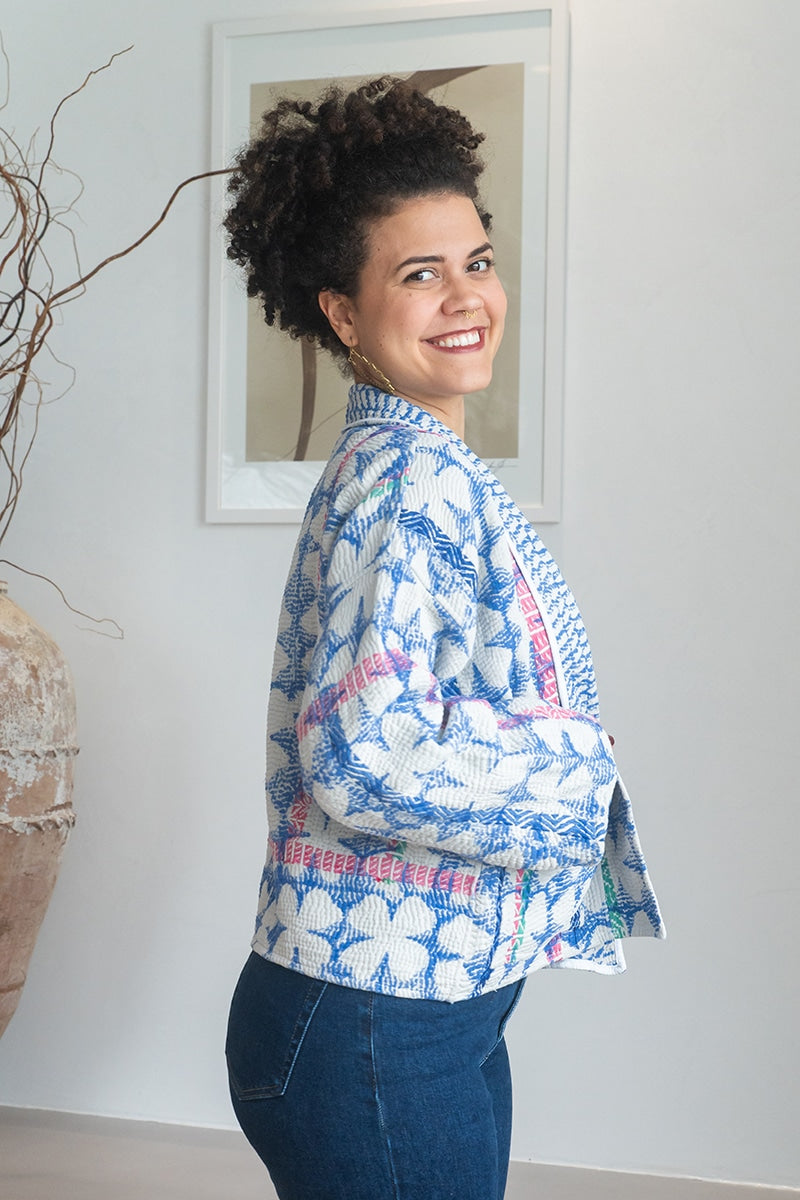 Womens Vintage Nomad Kantha Jacket, Indigo Aura, handmade from 100% cotton recycled fabrics over dyed in Indigo hand-block-prints. Rene