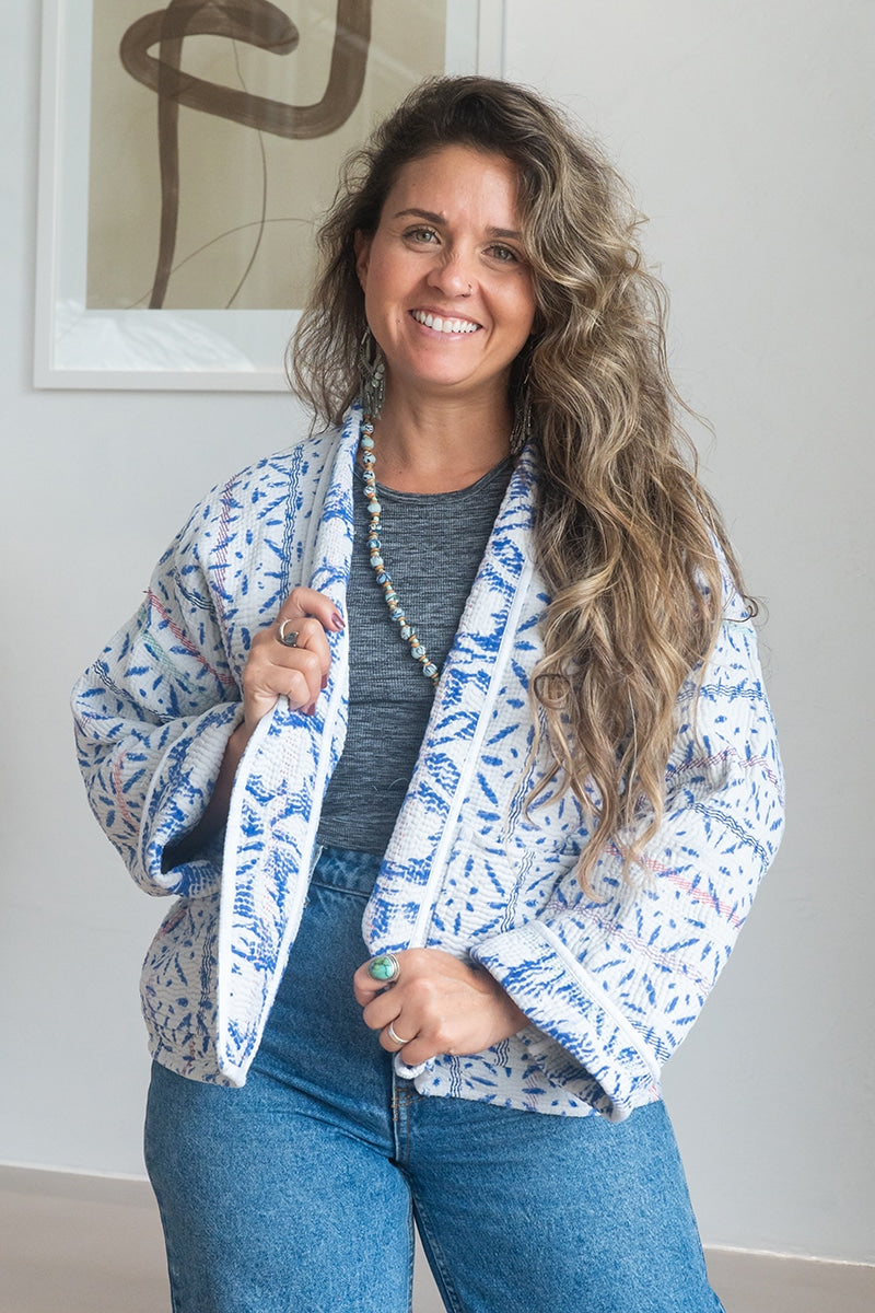 Womens Vintage Nomad Kantha Jacket, Indigo Aura, handmade from 100% cotton recycled fabrics over dyed in Indigo hand-block-prints. Tali