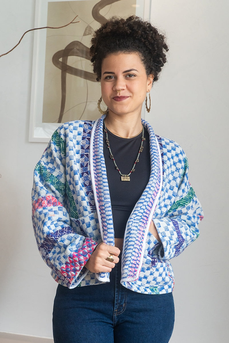 Womens Vintage Nomad Kantha Jacket, Indigo Aura, handmade from 100% cotton recycled fabrics over dyed in Indigo hand-block-prints. Nova
