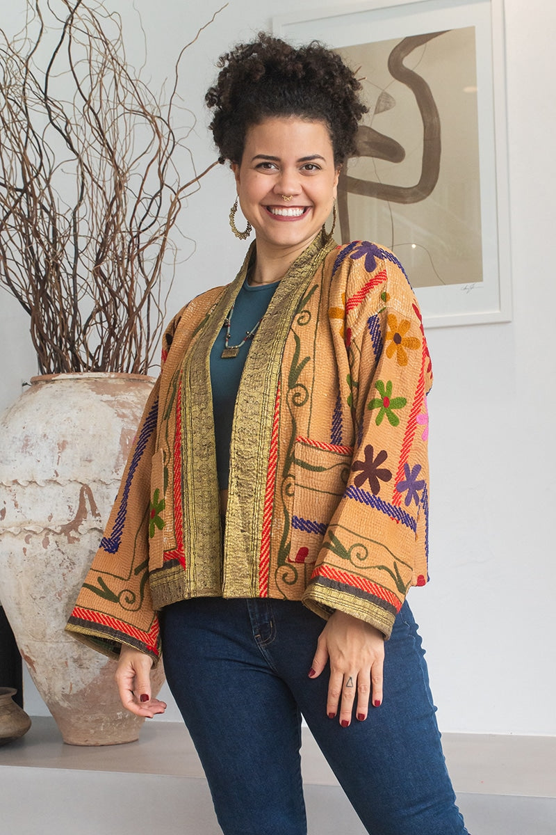 Womens Nomad Kantha Jacket, Wild Threads, with traditional Suzani embroidery, handmade from recycled Vintage Kantha’s. Autumn tones - Mysa
