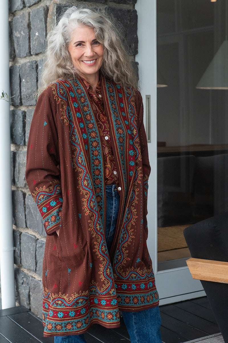 Womens Persian Luxe Coat, hand embroidered, maroon Garnet