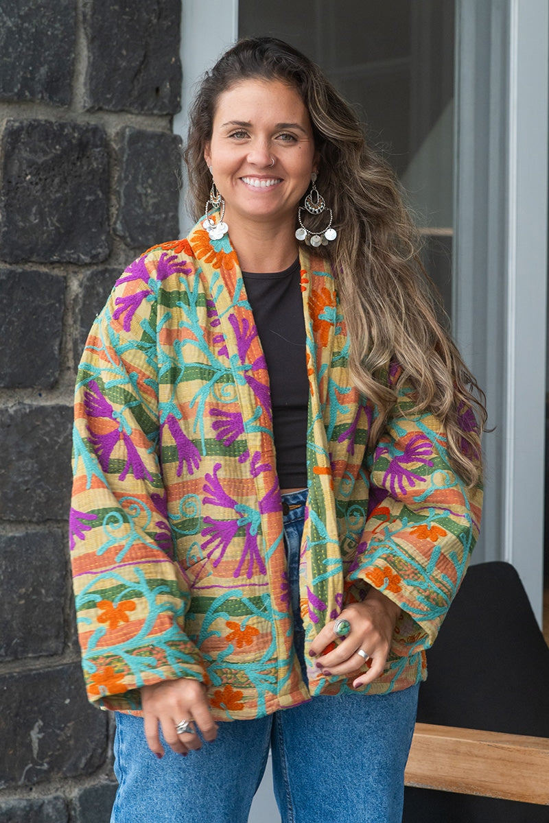 Womens Elysian Kantha Jacket, with traditional Suzani embroidery, handmade from recycled Vintage Kantha’s. Elara