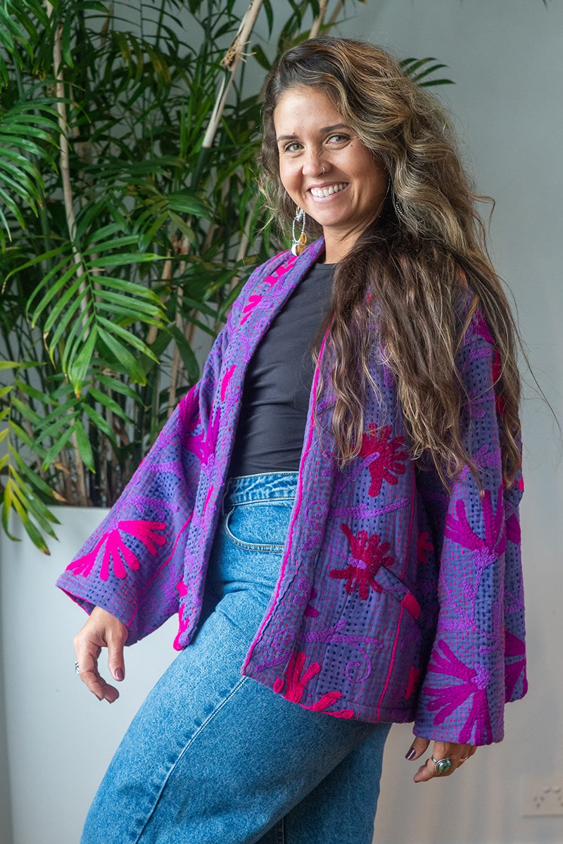 Womens Elysian Kantha Jacket, with traditional Suzani embroidery, handmade from recycled Vintage Kantha’s. Purple Violet