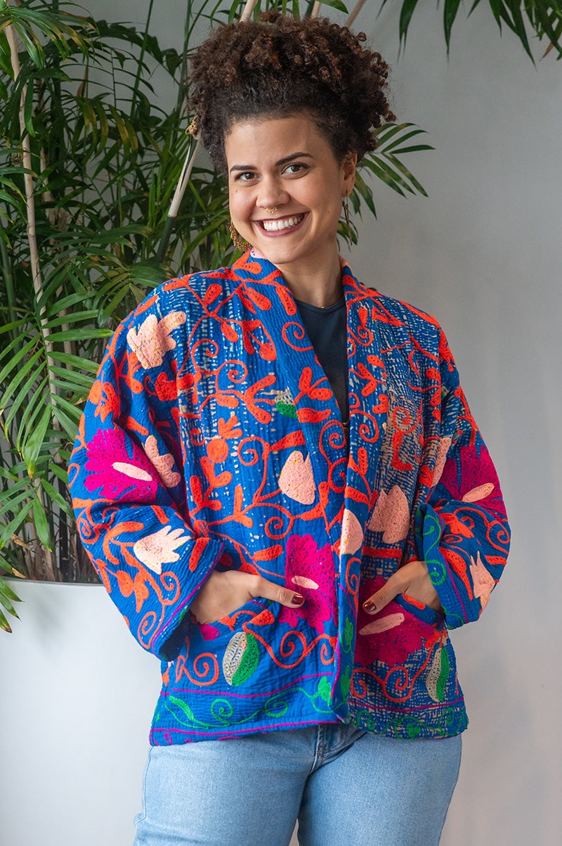 Womens Elysian Kantha Jacket, with traditional Suzani embroidery, handmade from recycled Vintage Kantha’s. Royal blue Liora