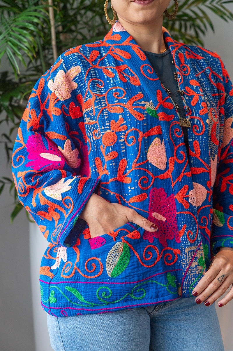 Womens Elysian Kantha Jacket, with traditional Suzani embroidery, handmade from recycled Vintage Kantha’s. Royal blue Liora