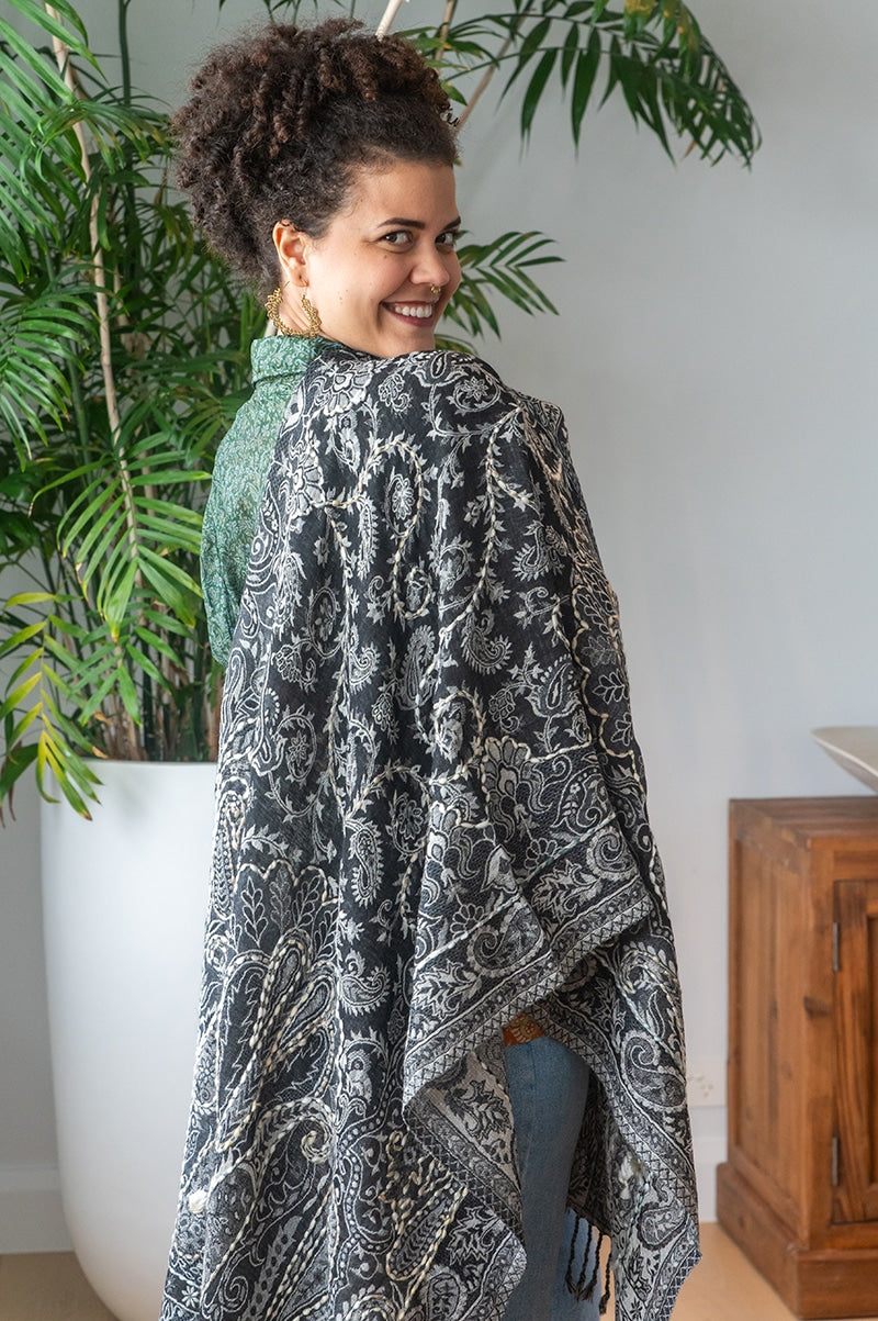 Womens Poet Scarf, boiled wool features hand embroidery. Ash grey