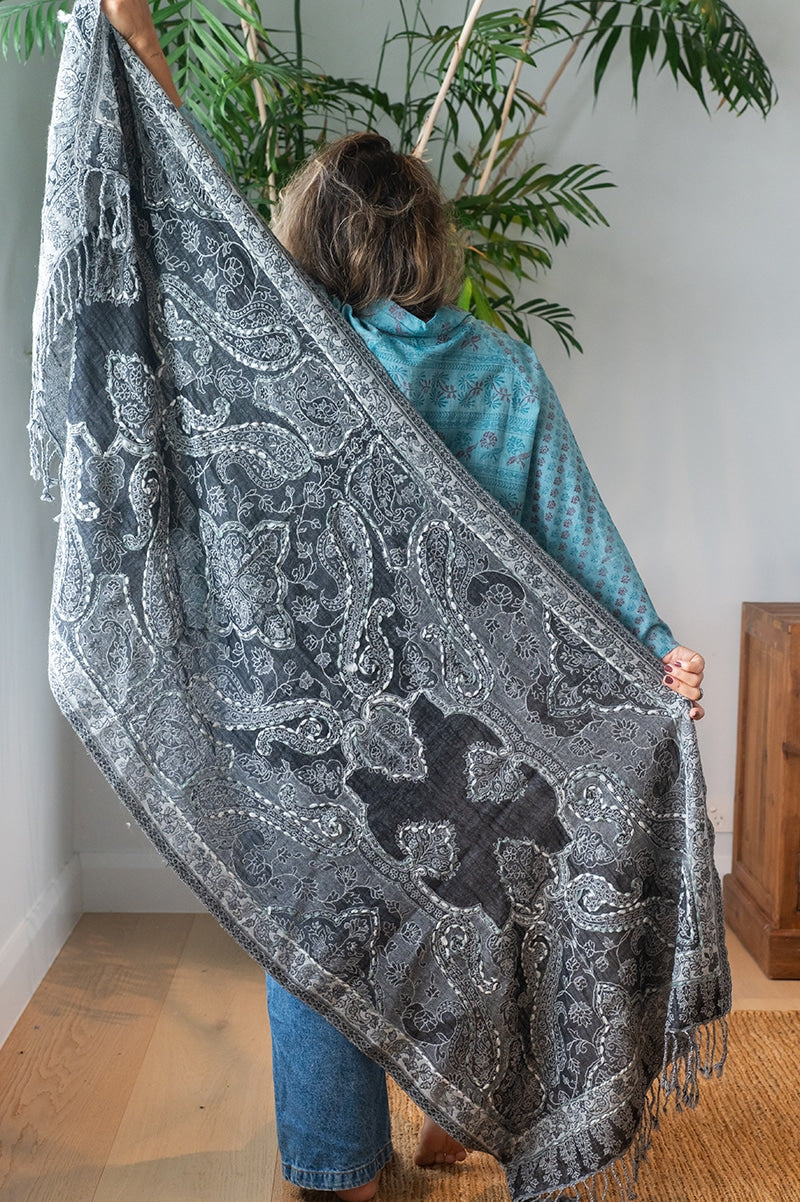 Womens Poet Scarf, boiled wool features hand embroidery. Silver grey